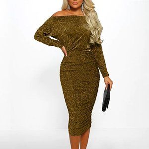 Women's Sheath Ruched Cold Shoulder Midi Dress